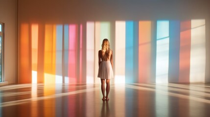 A solitary figure stands beneath radiant beams of colored light, creating a captivating interplay of shadows and hues that evokes deep emotions and artistic expression.