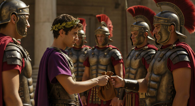 Ancient Roman Exchange: A historical scene unfolds as a Roman leader, crowned with laurels, exchanges a gesture with a soldier in a sun-drenched setting. Reflecting power, authority. - Powered by Adobe