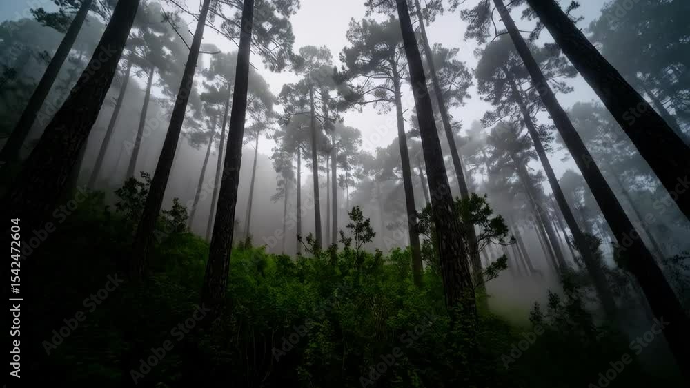 Aufkleber misty coniferous forest with tall trees reaching towards the sky, lush green undergrowth and dense f