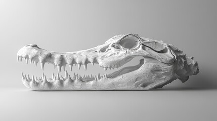 A detailed white alligator skull with sharp teeth displayed on a light gray background surface view