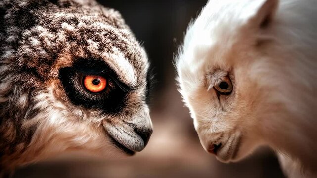 Intense staredown between lemur and fennec fox in dramatic slow motion faceoff