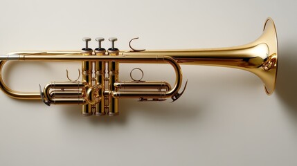 Obraz premium A gleaming trumpet rests against a neutral background, embodying musical elegance and the artistry involved in creating beautiful sounds through brass instruments.
