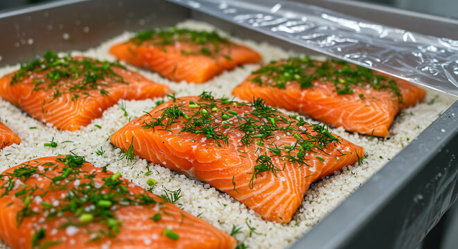 Norwegian Gravlax. industrial-scale salmon curing in sugar-salt mix, dill layers between fillets, food-grade plastic wrapping process 