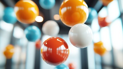 Naklejka premium A captivating array of vibrant orbs suspended in mid-air, showcasing the beauty of color and form within a modern and stylish environment.