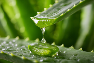 Aloe vera leaf with dripping juice macro