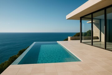 Fototapeta premium Luxury pool on cliffside villa, ocean view below, elegant tiles, modern architecture, blue sea under clear sky