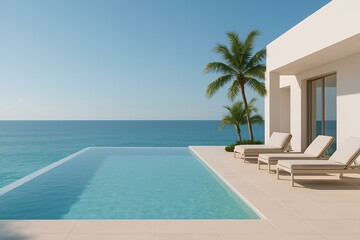 Fototapeta premium Infinity pool blending with the sea horizon, minimalist coastal villa, relaxing vacation vibe, tropical climate