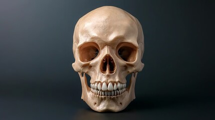 Fototapeta premium Anatomical skull model with teeth displayed on a dark gray background in a studio setting showing detail