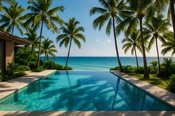 Fototapeta premium Tropical modern pool surrounded by palm trees, ocean view behind, shadows playing on water