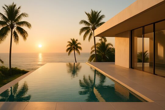 Modern infinity pool overlooking the ocean, minimalistic design, luxury seaside villa, palm trees around, sunset light