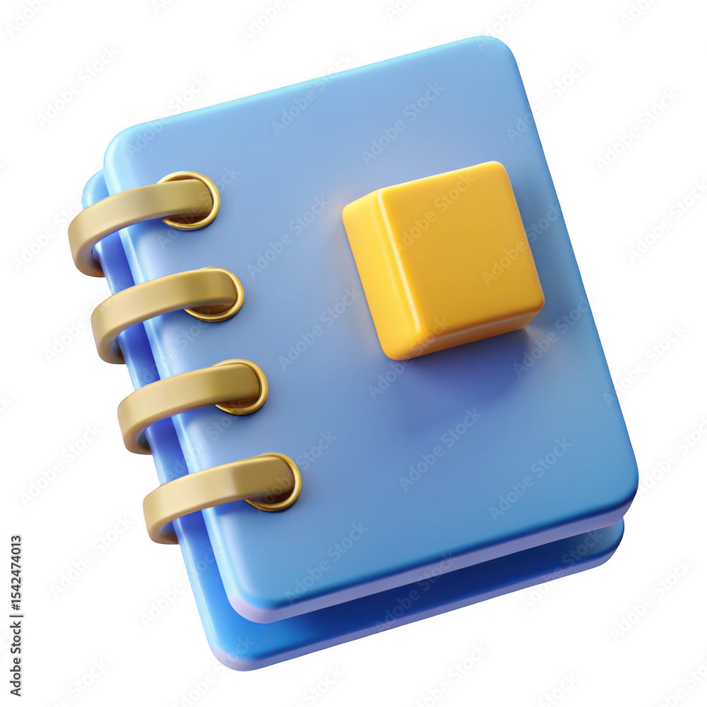Poster 3d rendered blue spiral notebook with yellow cube isolated on transparent background