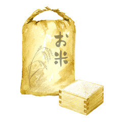 米袋と升に入った米の水彩画