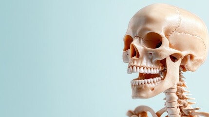 A highly detailed human skull model showcased against a soft background, highlighting anatomical features and evoking themes of science, education, and the study of human anatomy.