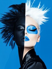 Woman with split face makeup, one side dark and one light with blue accents, symbolizing duality. Beauty concept for cosmetics campaign.