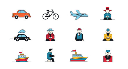 Transportation and People Illustrations Depicting a Variety of Modes and Different Characters