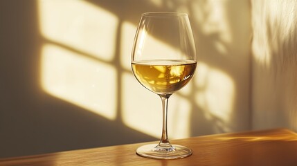 A clear glass of white wine on a table with sunlight casting shadows. Summer drink for celebration.