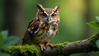 Obraz premium Eurasian pygmy owl eyes wide, perched on a mossy branch , plumage, cute, miniature