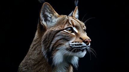 Obraz premium Close up profile of a lynx with brown fur and yellow eyes against a dark black background looking right