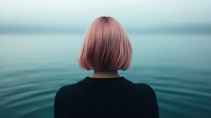 Fototapeta premium A woman with pink hair stands at a serene lakeside, gazing into the calm water, embodying tranquility, introspection, and connection with nature's beauty.