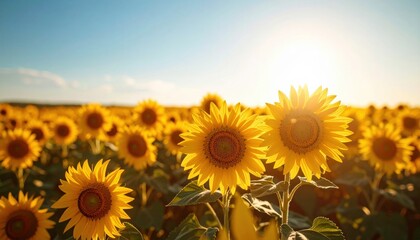 Obraz premium Wide field of bright yellow sunflowers under a clear blue sky, sunlight, deep perspective, sharp