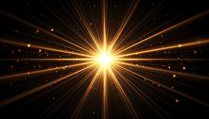 Abstract golden light beams emanate from a central point against a dark, elegant background.