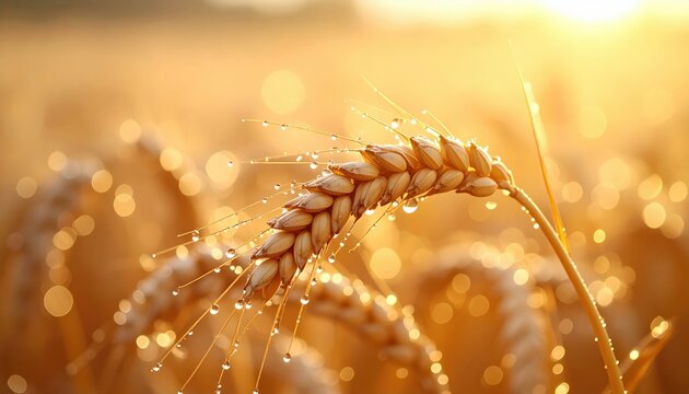  EN: Close-up of a wheat ear with dew drops on the grains, soft morning light, sharp texture, blurred background