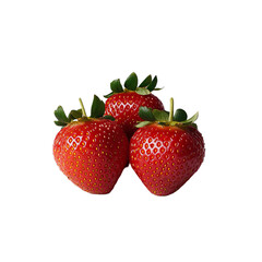 Three fresh red strawberries with green leaves in a cluster on transparent background