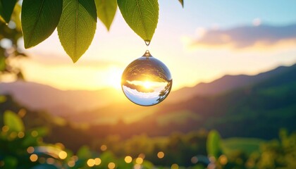 Water droplet reflecting landscape, nature, and a beautiful sunset in the distance.