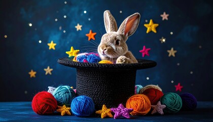 Rabbit in a magic hat with stars and yarn, fantasy wonderland backdrop