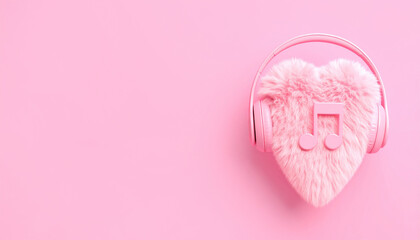 Heart-shaped headphones with music note on pink background create a warm feeling.