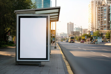Billboard mockup at bus stop on city street