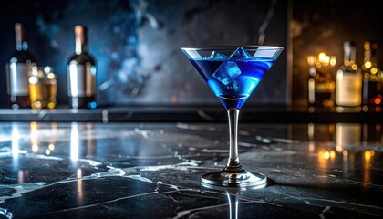 Elegant blue cocktail with ice cubes on a marble bar, a sophisticated drink.