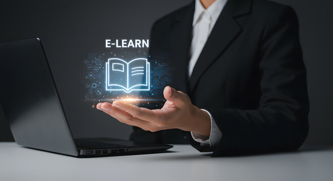 E-learning education platform. Open book icon with digital learning symbol. Online training and course access via virtual interface