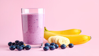 Delicious smoothie with bananas and blueberries, ready to be enjoyed on pink backdrop.