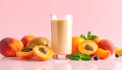 Refreshing peach smoothie surrounded by fresh peaches and mint sprigs on pink.