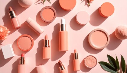 Peach-toned cosmetic products arranged on a pink background create soft aesthetic.
