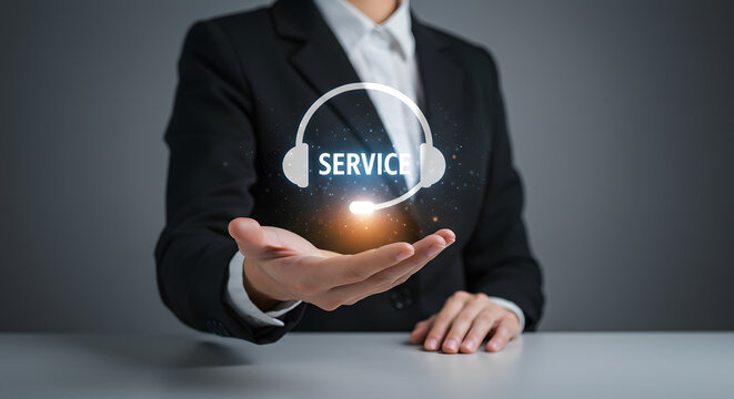 Service customer support help solution icon technology communication with digital assistance symbol offered by business professional using virtual system