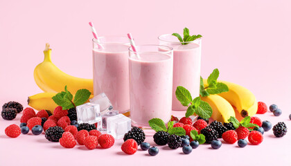 Refreshing fruit smoothies in glasses surrounded by fresh berries and bananas.