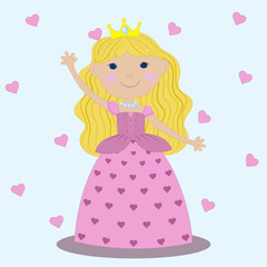 Girl princess in a pink fluffy dress with hearts, on a white background, in a necklace, with a crown, smiling, standing and waving her hand