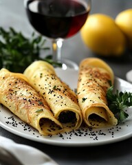 Delicious golden crepes rolled on a white plate with fresh herbs and black pepper. Perfect for breakfast or dessert.