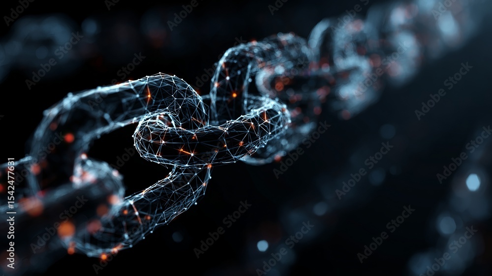 Poster a digital chain link with a network of connections and glowing orange points on a dark background