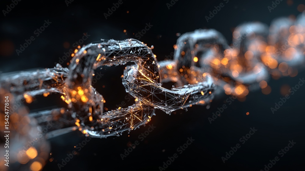 Aufkleber a close up of a digital chain with glowing particles against a dark background in a futuristic style