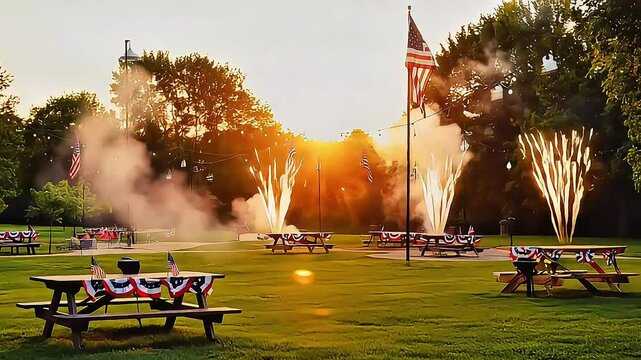 Celebrate fourth of July with fireworks and American flags in park at sunset with picnic tables and trees