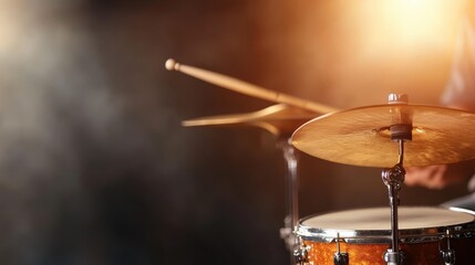 Naklejka premium This dynamic image showcases a vibrant drum set with drumsticks poised above the cymbals, capturing the energy and anticipation of a live music performance in modern settings.