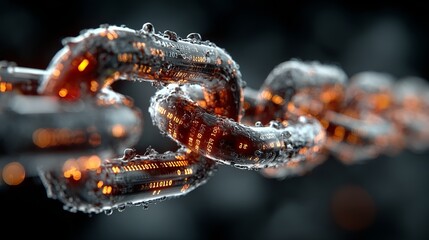 Close up of a digital chain link with binary code and water droplets on a dark blurry background
