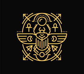 Obraz premium Esoteric Tarot cards line symbol for magic astrology and Boho tattoo, vector mystic sign. Tarot cards esoteric symbols of Egyptian scarab with Ankh key cross sign for occultism and mystery witchcraft