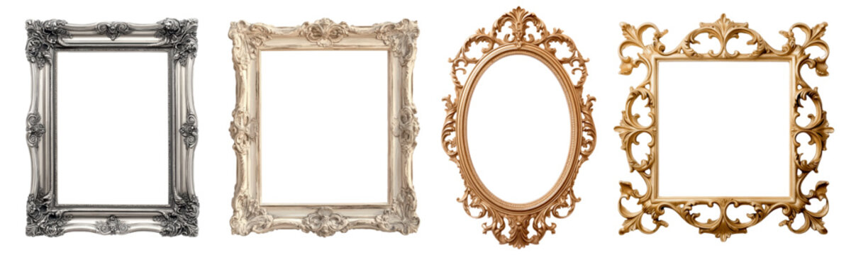 Set of vintage ornate picture frames in gold, silver, and ivory colors with intricate baroque and rococo design elements, isolated on white background for decorative use.