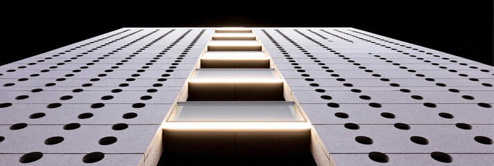 Low angle view of modern building facade with abstract pattern. Architectural design with glowing light streaks for contemporary concept.