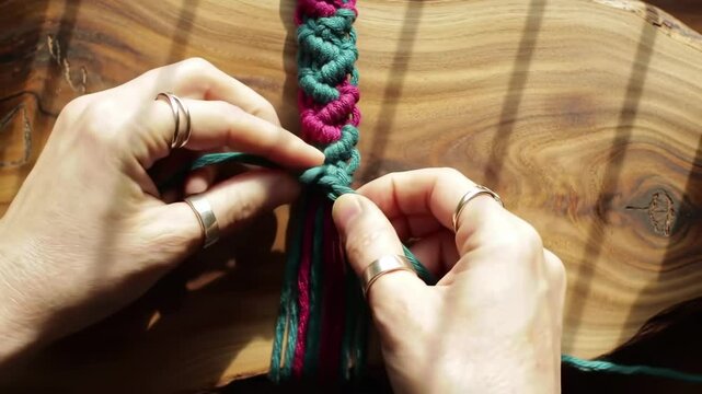 Hands Crafting Colorful Macrame with Twisted Yarn
