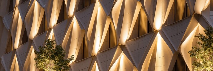 Modern building facade with geometric pattern and illuminated uplighting. Abstract architectural design. Contemporary urban background.